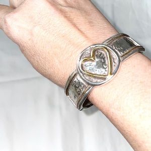 Brighton Bracelet.  Gold Heart. Hammered Silver  1" Wide with hinged opening